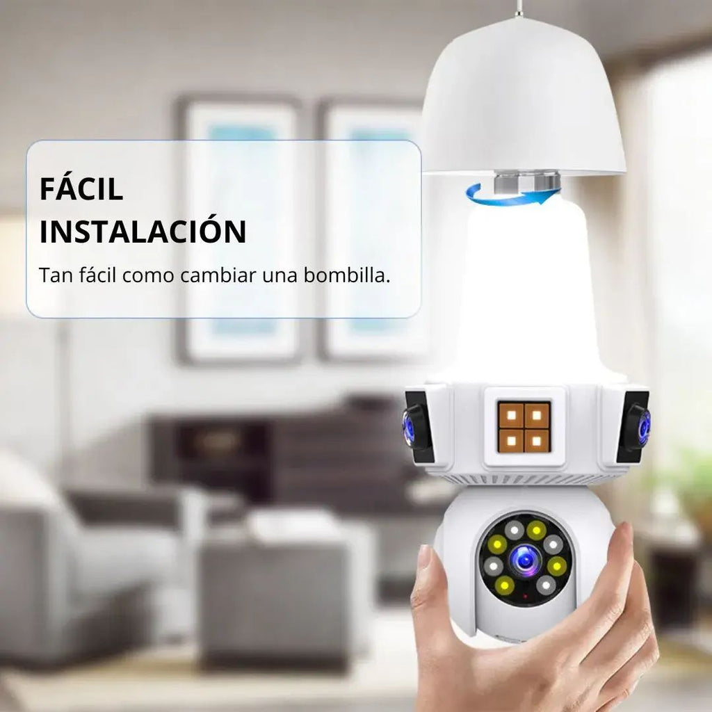 Cámara Doble Lente WiFi E27 – Seguridad Inteligente 3 Pantallas en Tiempo Real