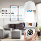 Cámara Triple Lente WiFi E27 – Seguridad Inteligente 3 Pantallas en Tiempo Real