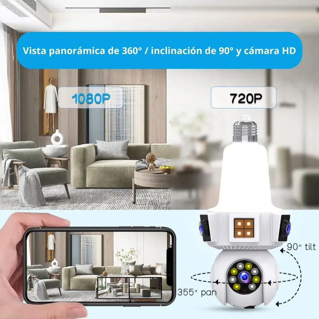 Cámara Doble Lente WiFi E27 – Seguridad Inteligente 3 Pantallas en Tiempo Real