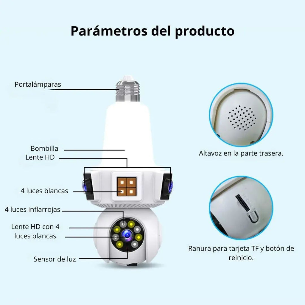 Cámara Doble Lente WiFi E27 – Seguridad Inteligente 3 Pantallas en Tiempo Real