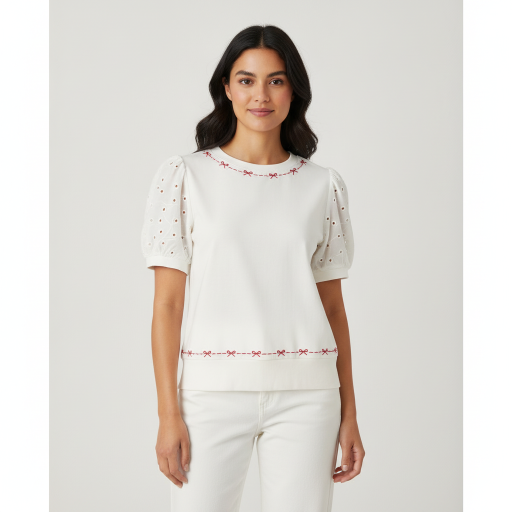 Blusa Posh Mangas Cortas Perlas Lacitos Bordados para Damas con modelo (AI)