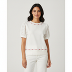 Blusa Posh Mangas Cortas Perlas Lacitos Bordados para Damas con modelo (AI)