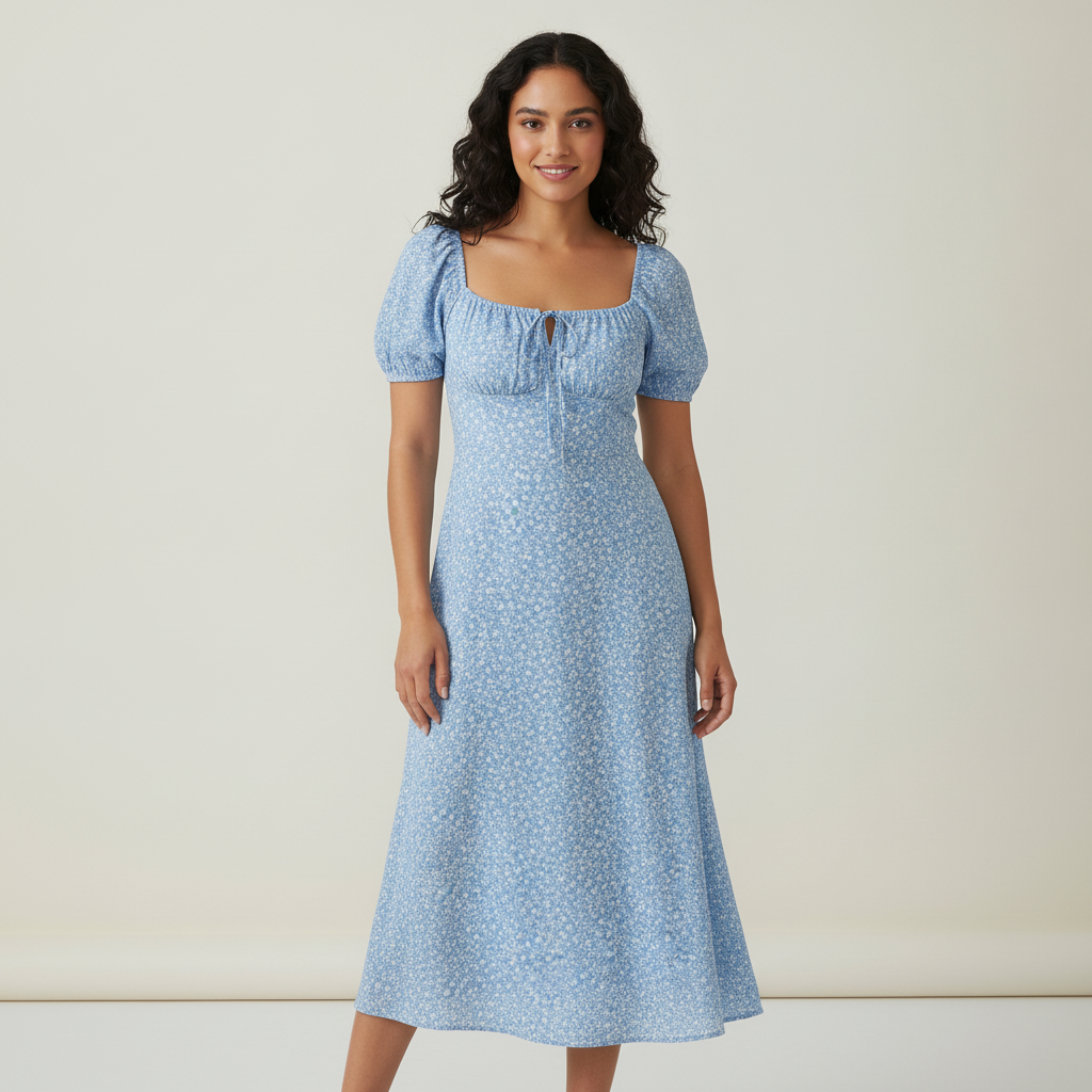 Vestido Posh Mangas Cortas Floral Ruches Abierto para Damas con modelo (AI)