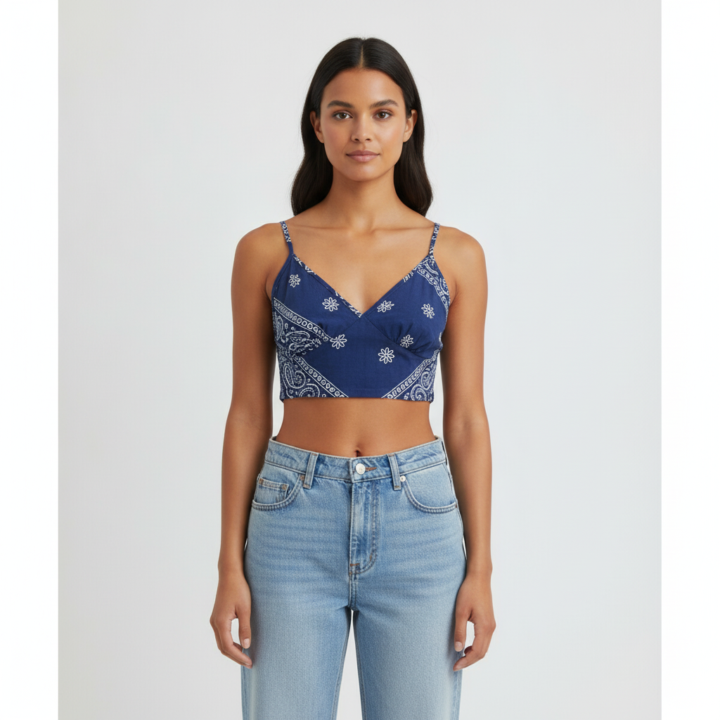 Blusa Gold Lips sin Mangas Floral para Damas con modelo (AI)