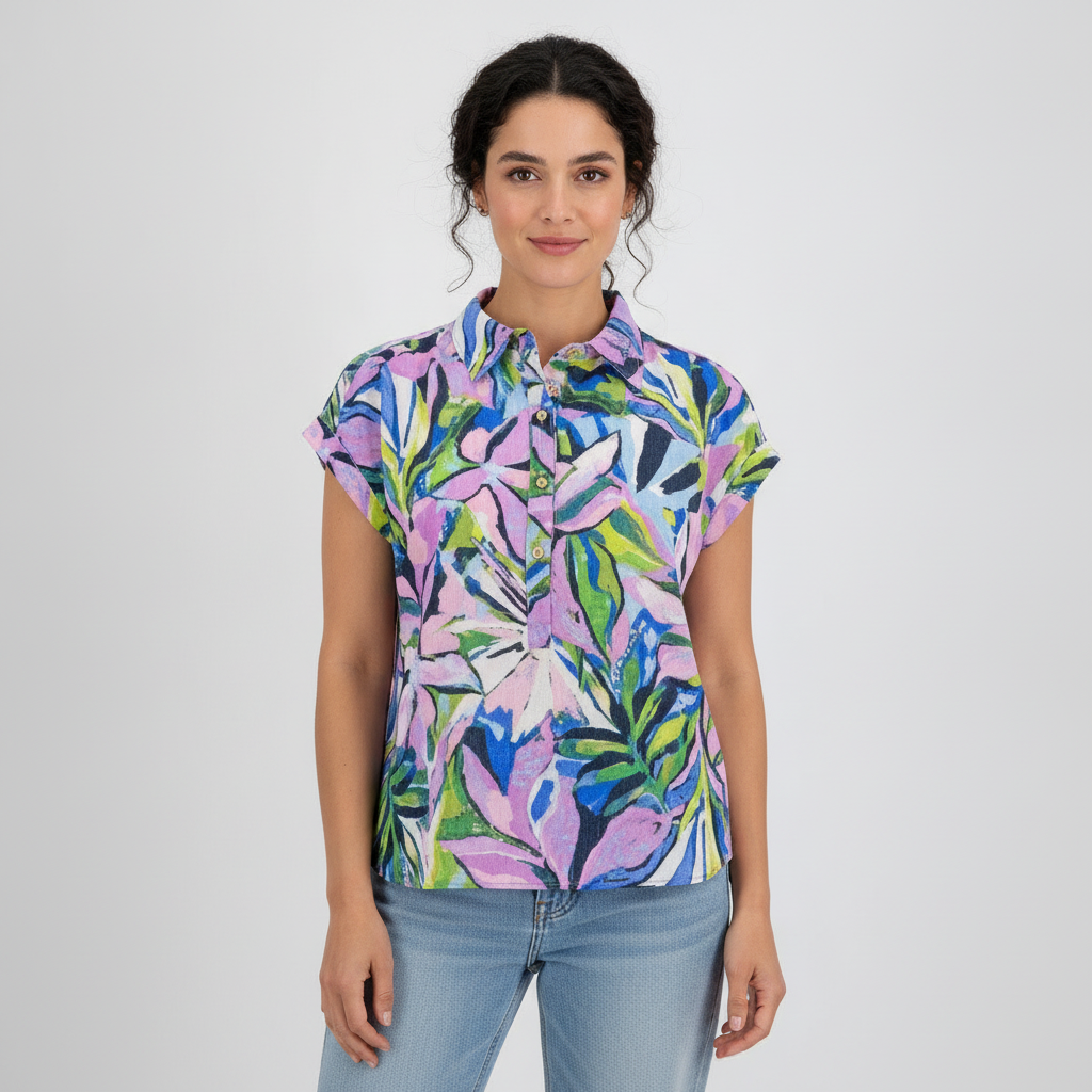 Blusa Hope & Harlow Mangas Cortas Palmas para Damas con modelo (AI)