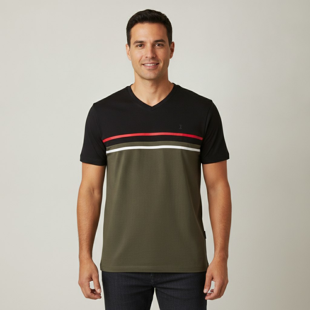 Camiseta 1492 de Mangas Cortas a Rayas para Caballeros con modelo (AI)