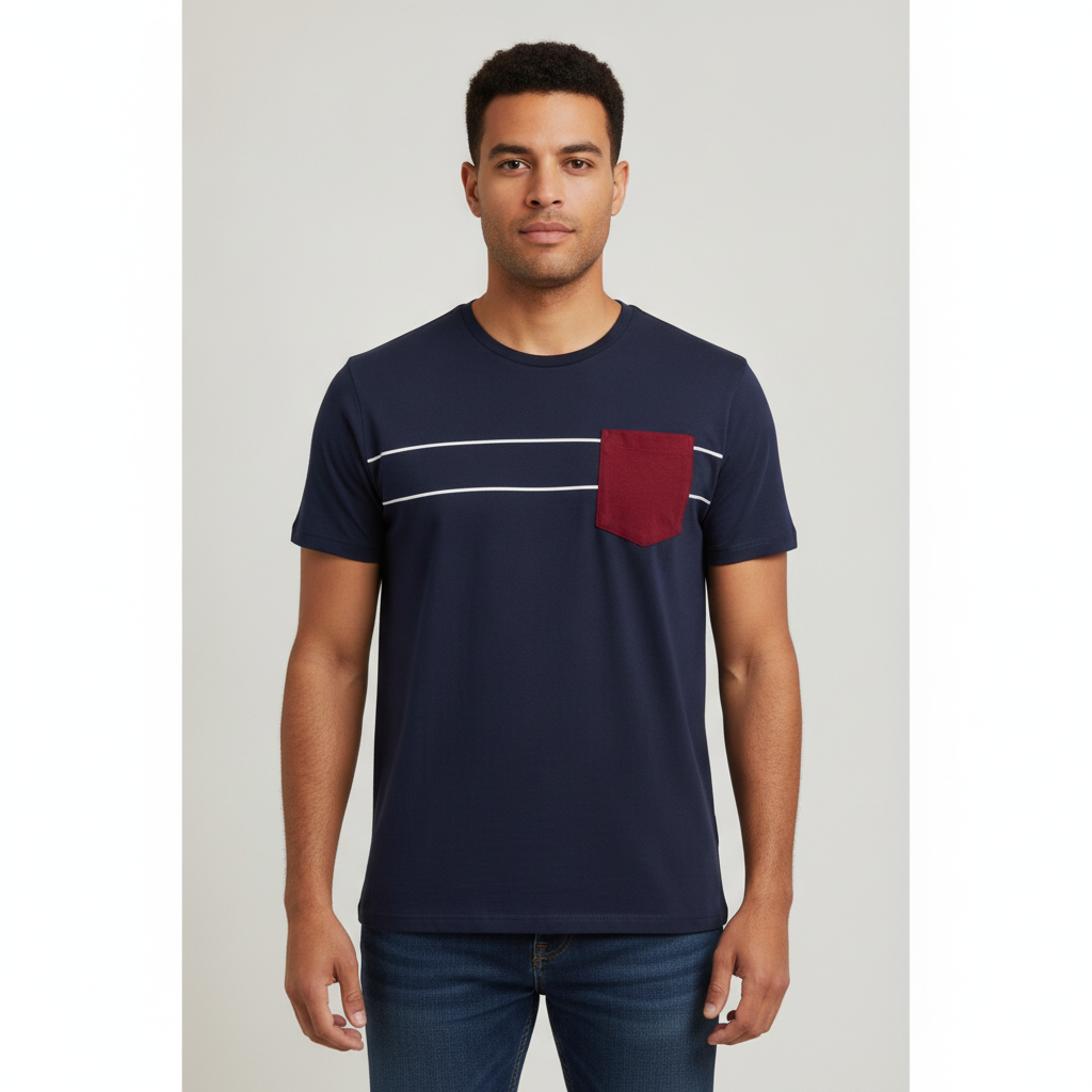 Camiseta 1492 de Mangas Cortas con Rayas y Bolsillo para Caballeros con modelo (AI)