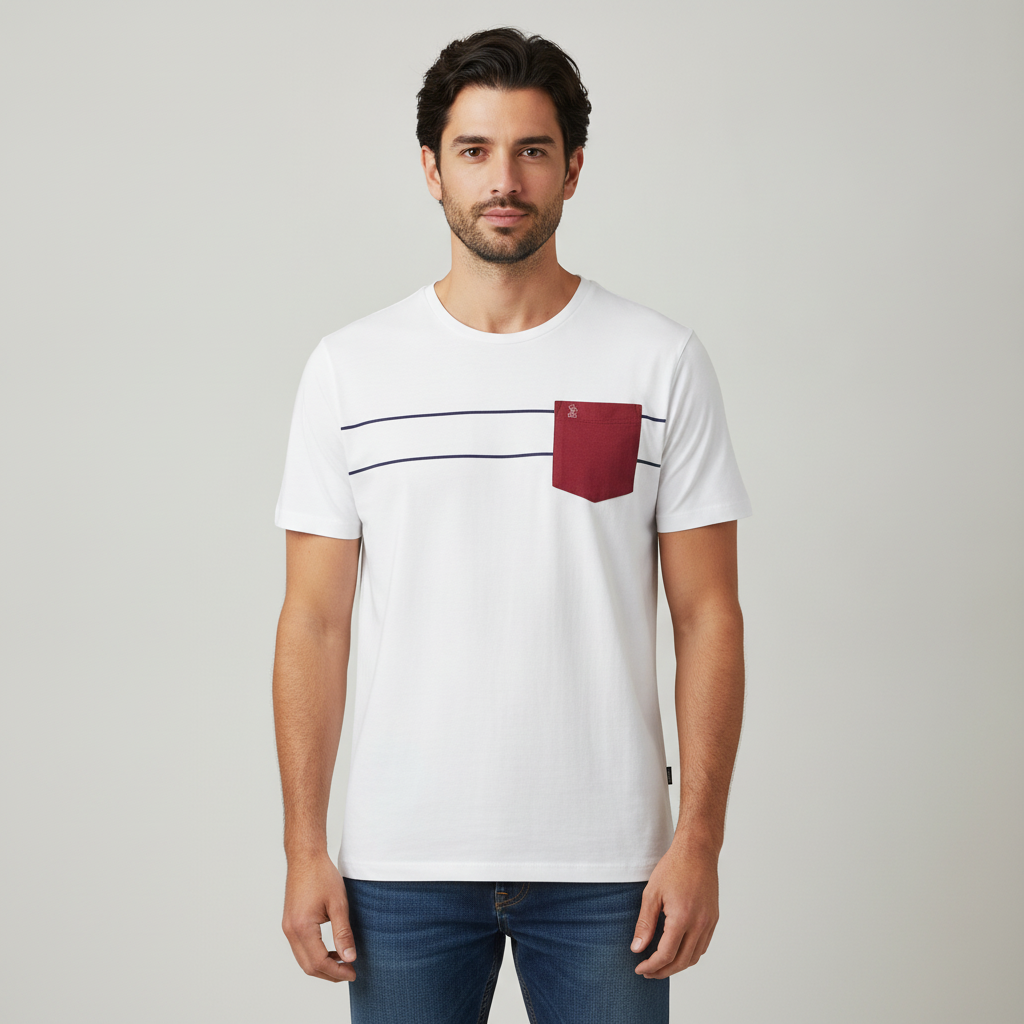 Camiseta 1492 de Rayas con Bolsillo y Mangas Cortas para Caballeros con modelo (AI)