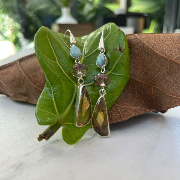 Aretes de plata 925 con, larimar, ametrino y ámbar tallada, pieza única