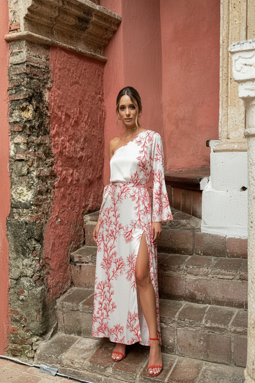 Coral half shoulder dress