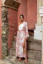 Coral half shoulder dress