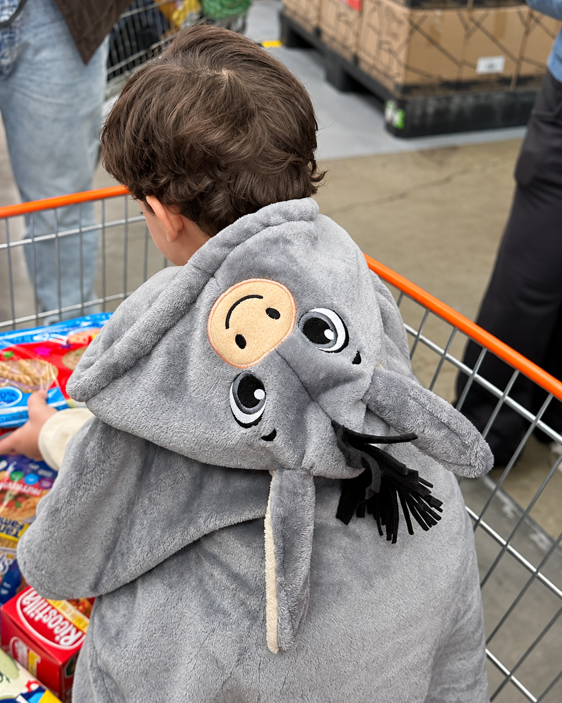 Ruana Burro gris de Dosmicos: vista de espalda con los detalles de la capota, usada por un niño durante una salida al supermercado.