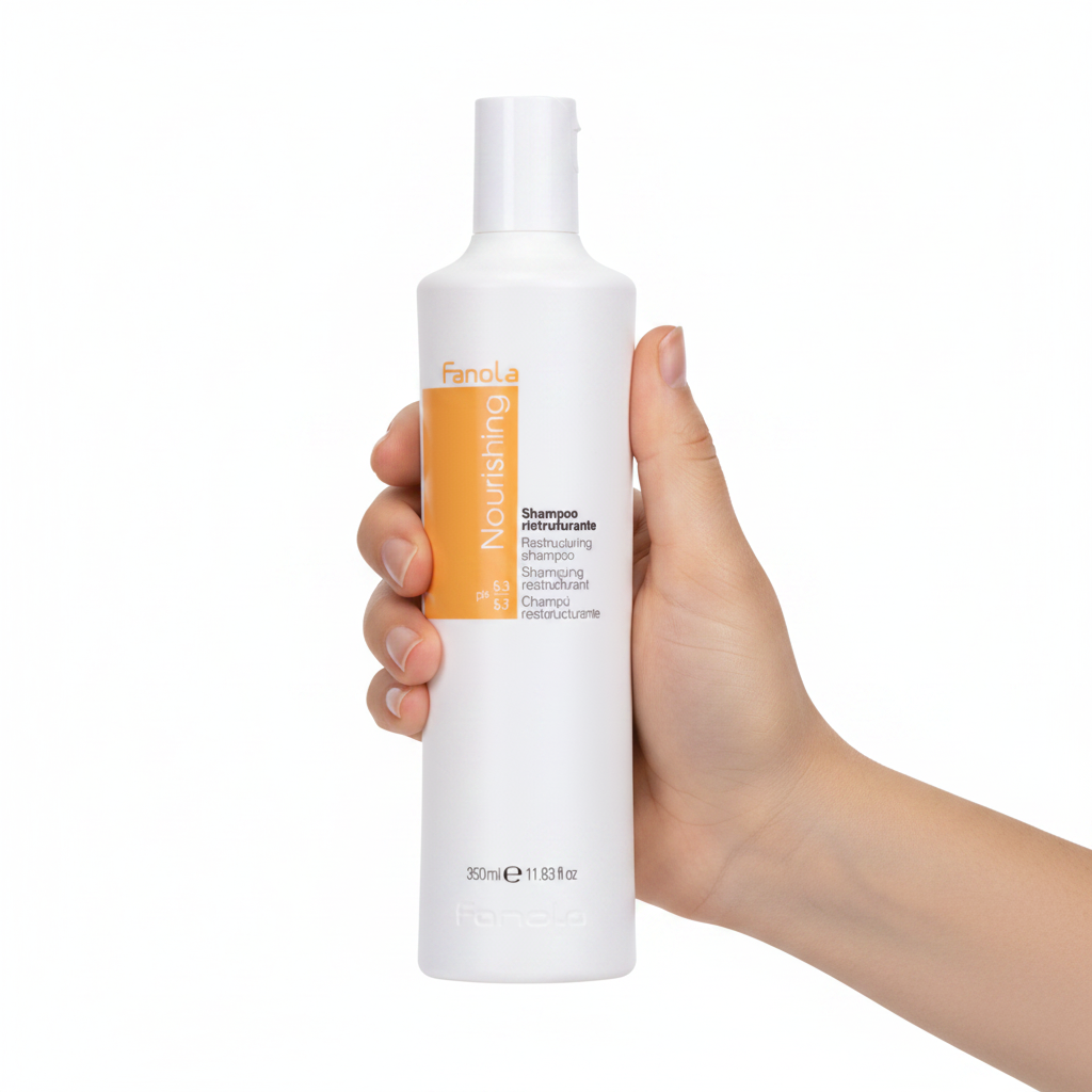 Fanola Nourishing Restructuring Shampoo 350ml sostenido por una mano