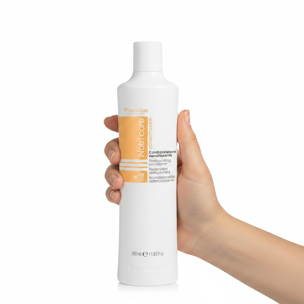 Fanola Nutri Care Restructuring Conditioner 350ml sostenido por una mano