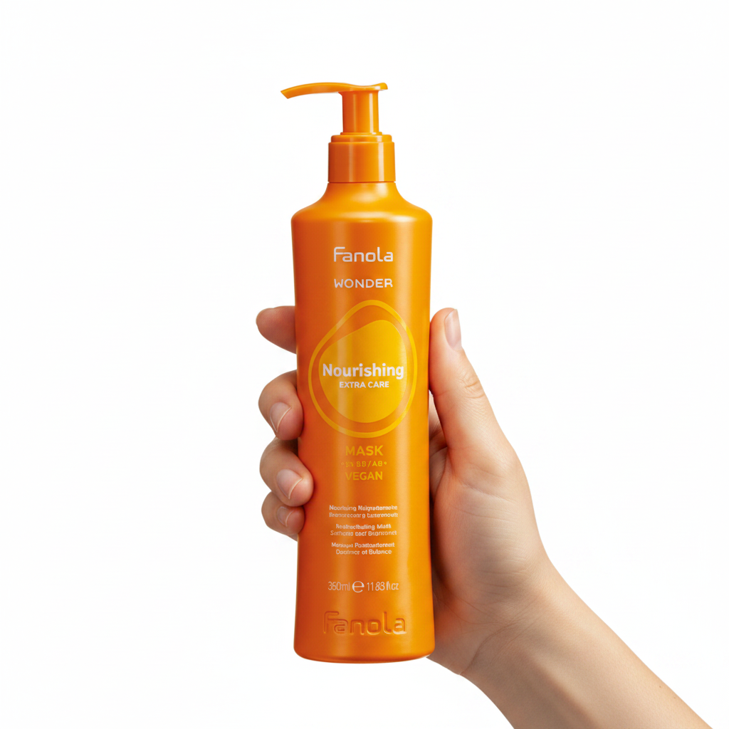 Fanola Wonder Nourishing Extra Care Mask 350ml sostenido por una mano