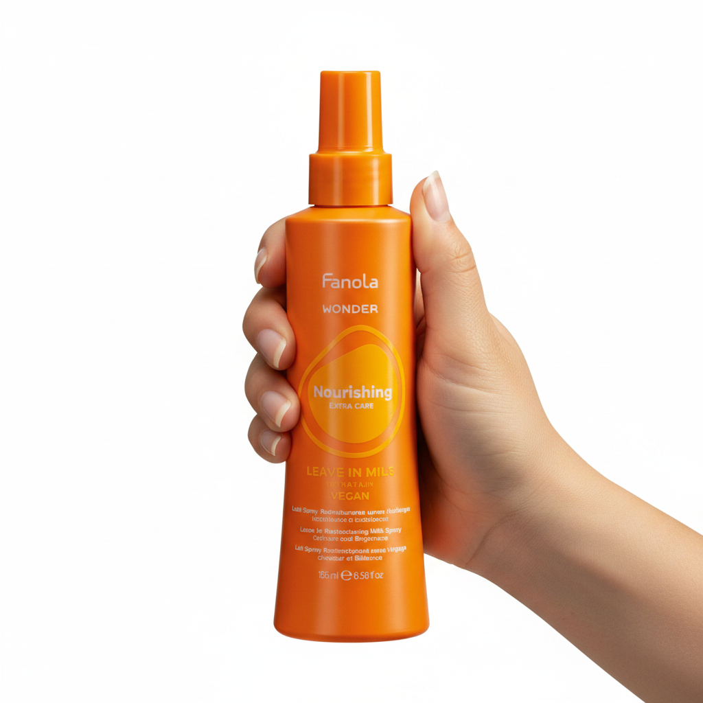 Fanola Wonder Nourishing Leave-in Conditioner sostenido por una mano