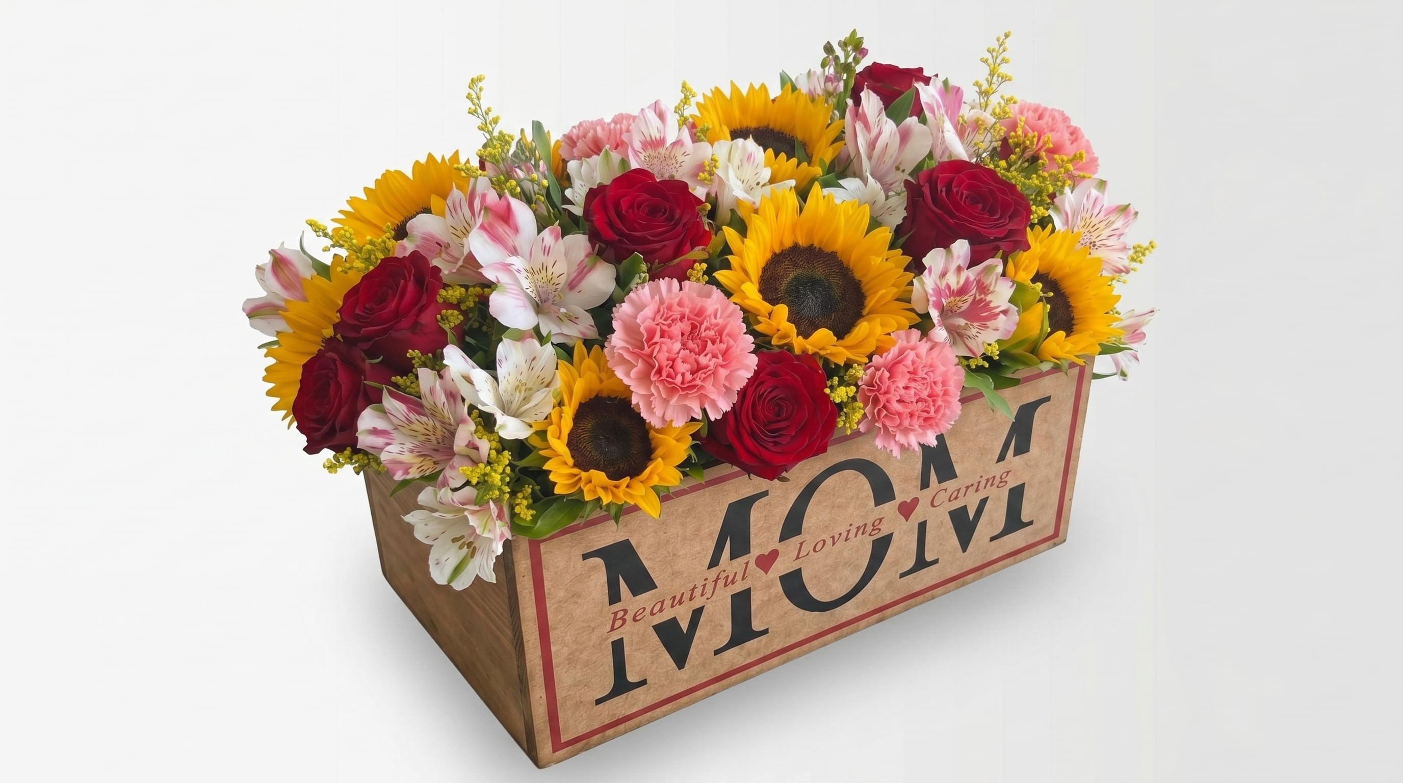 Caja de madera MOM con flores variadas