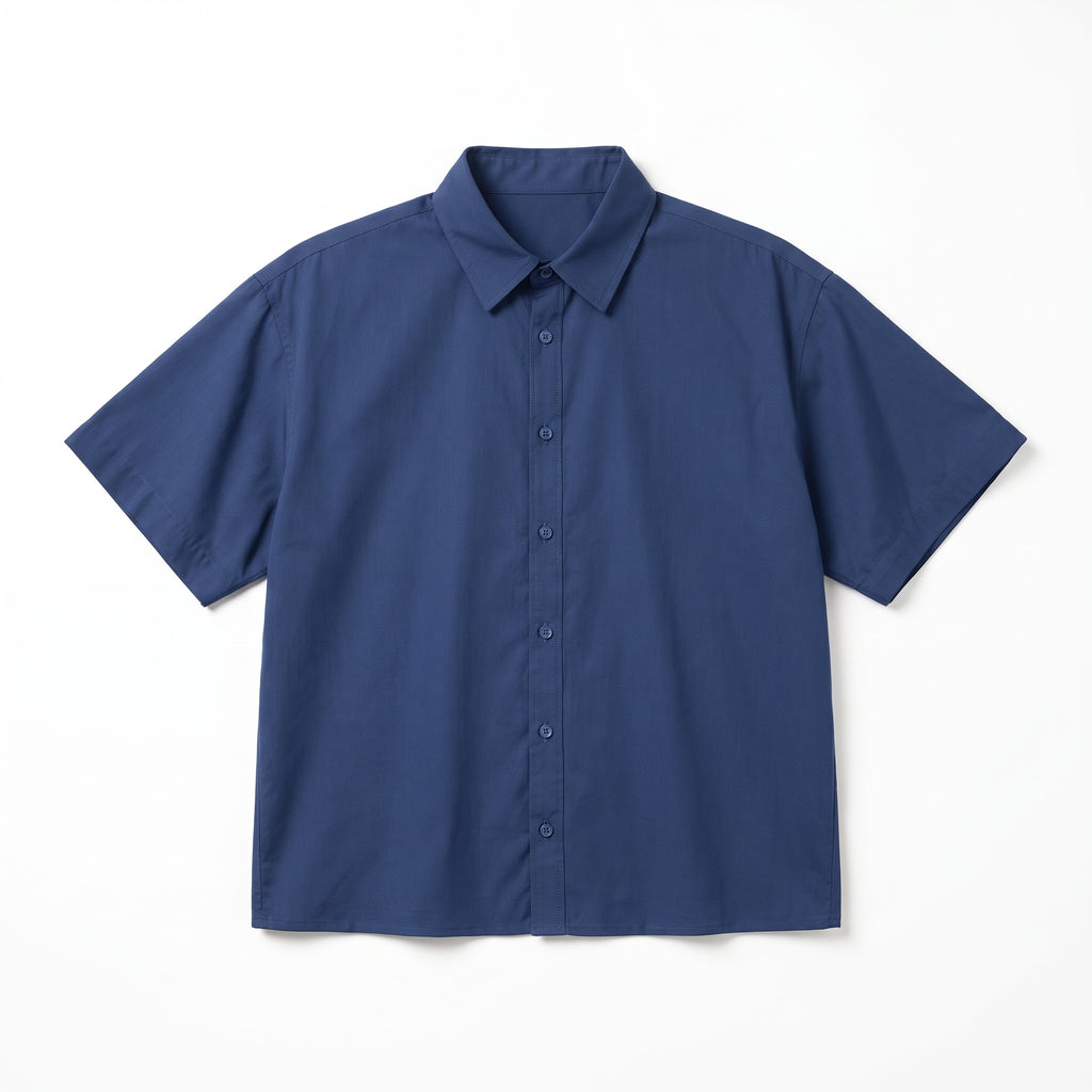 Short Sleeve Shirt Collar Blouse - Blue