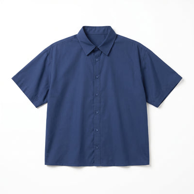 Short Sleeve Shirt Collar Blouse - Blue