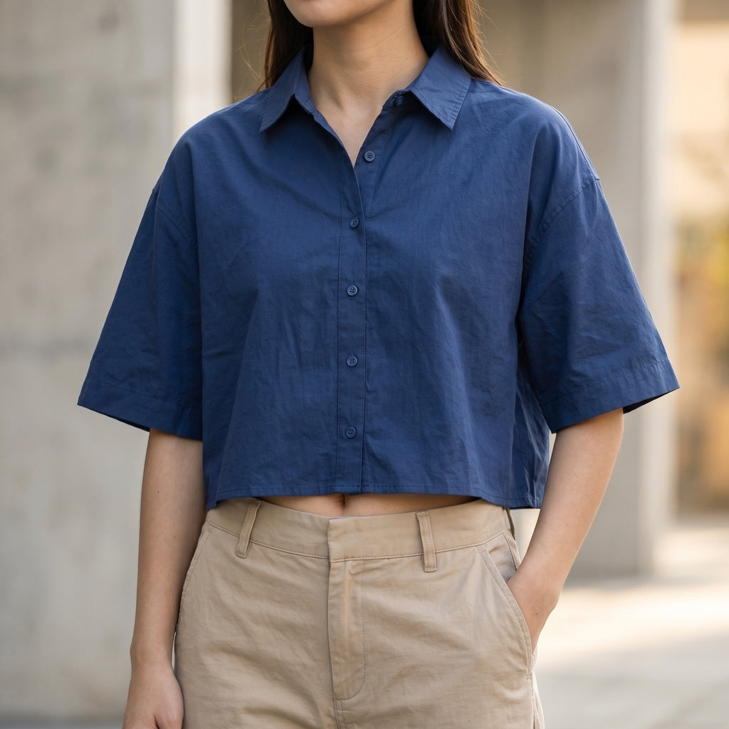 Short Sleeve Shirt Collar Blouse - Blue