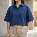 Short Sleeve Shirt Collar Blouse - Blue