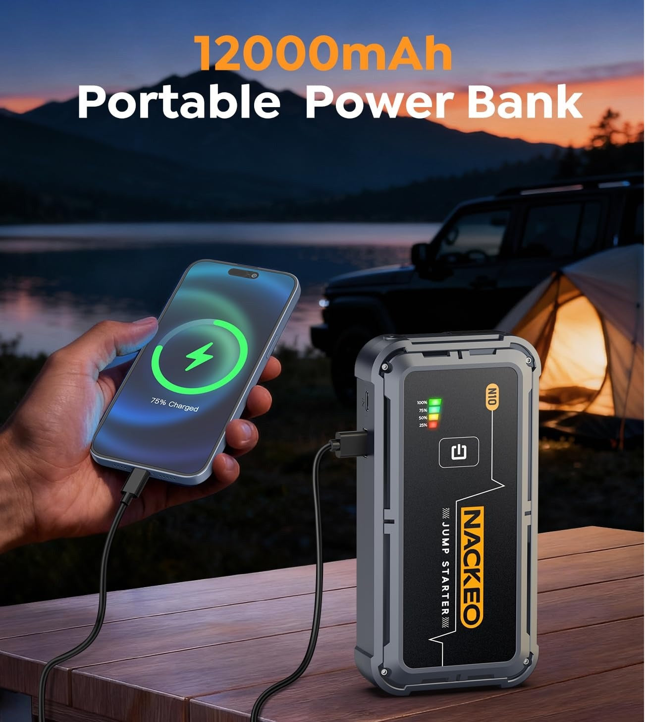 Cargador Jumper De Batería Portátil NACKEO 5000A 12V Con Carga Rápida 12000mAh