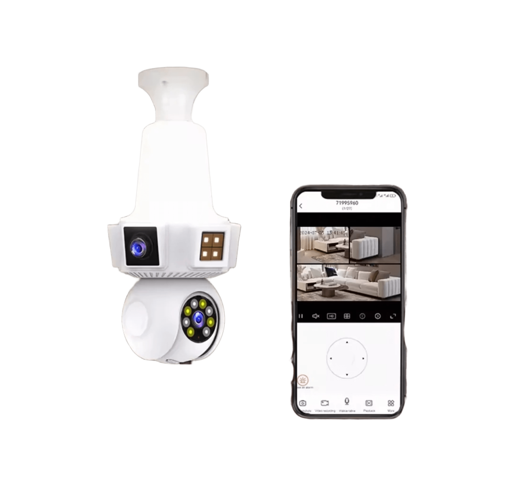 Cámara Doble Lente WiFi E27 – Seguridad Inteligente 3 Pantallas en Tiempo Real