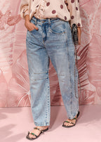 blue cotton denim jeans with belt loops and side seam cuts