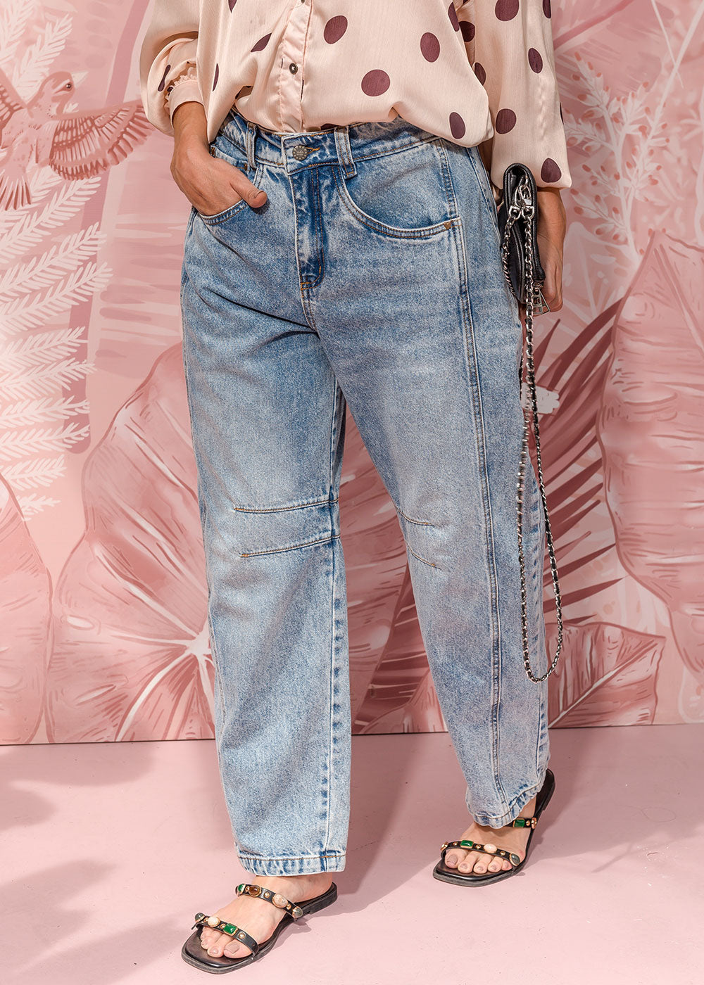 blue cotton denim jeans with belt loops and side seam cuts