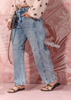 blue cotton denim jeans with belt loops and side seam cuts view 7