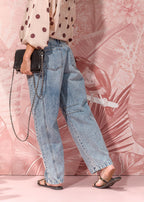 blue cotton denim jeans with belt loops and side seam cuts view 6