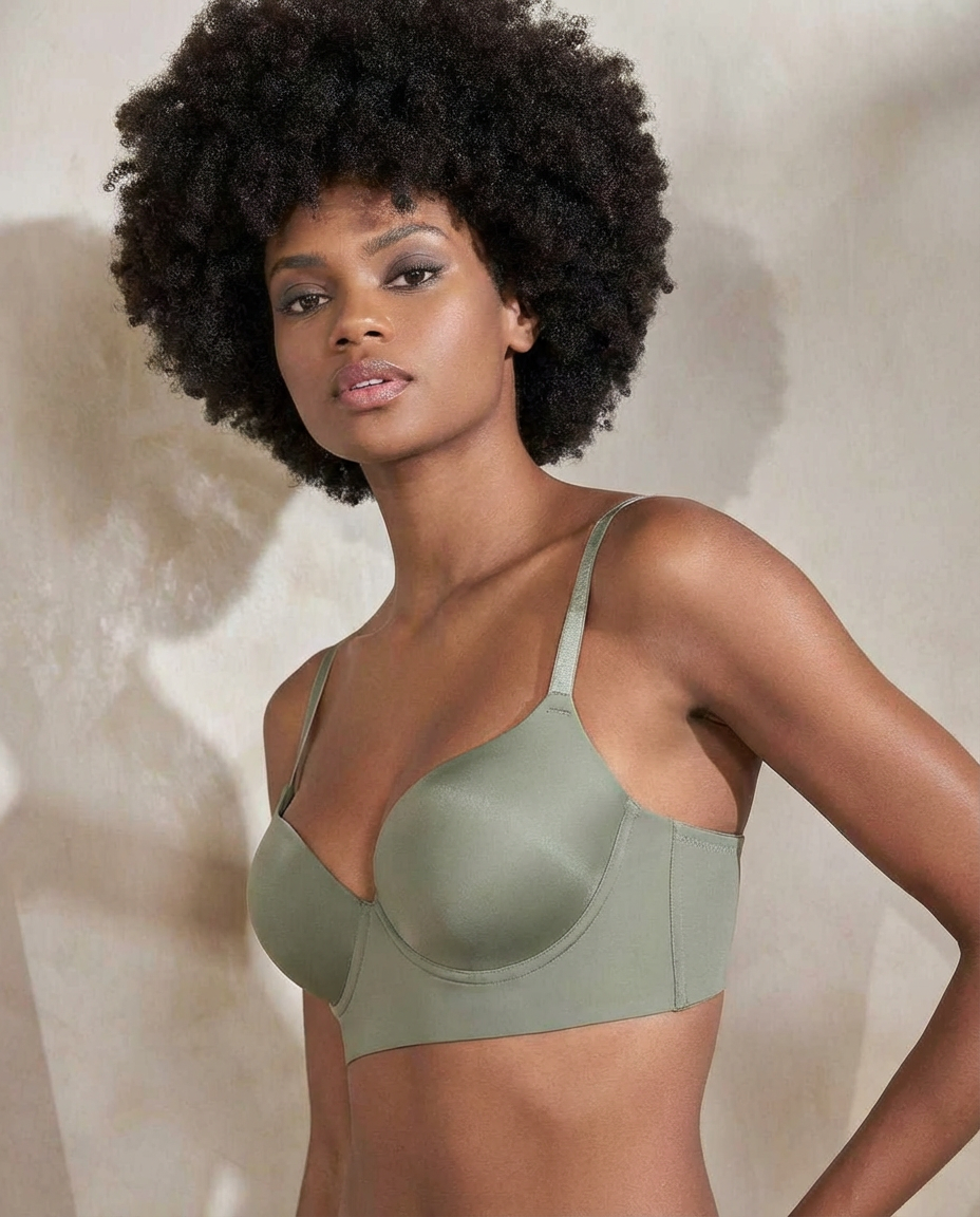 Mujer con afro en pose lateral vistiendo el cómodo Brasier Realce Natural y Soporte Total St.Even color verde salvia.