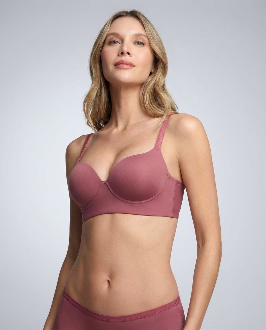 Modelo en pose confiada vistiendo el Brasier Realce Natural St.Even color rosa, diseñado para un soporte cómodo y natural.