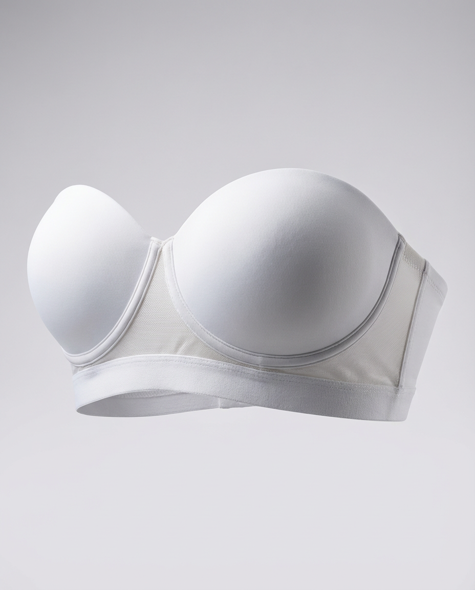 Brasier Strapless St.Even blanco, copa redondeada y banda ancha de malla, flotando sobre un fondo gris suave.
