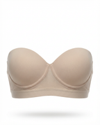 Brasier strapless beige de copas redondeadas y lisas, con una base ancha de banda elástica y detalle central de malla.