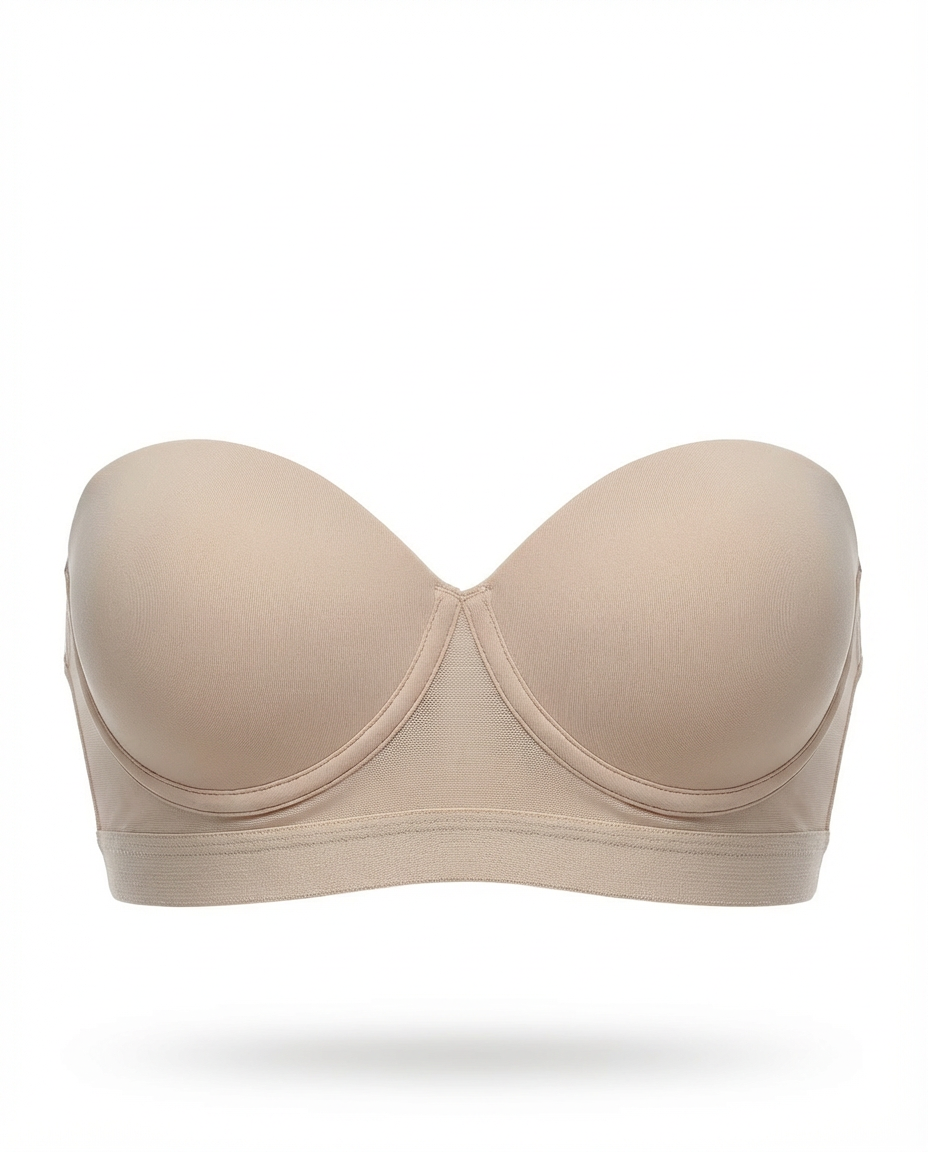 Brasier strapless beige de copas redondeadas y lisas, con una base ancha de banda elástica y detalle central de malla.