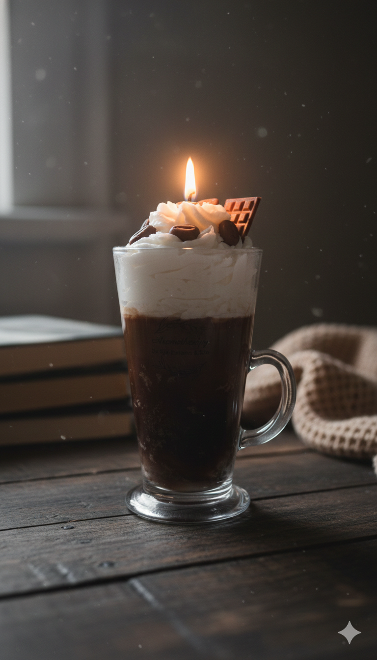 Hot chocolate with whipped cream and a lit candle on a wooden surface.