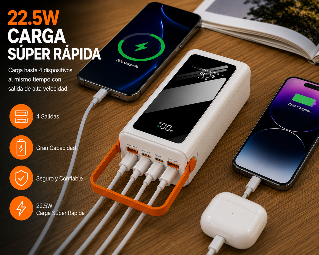 Cargador Portátil Carga Super Rapida 50000mAh Con Luz De Camping Y Carga Rápida 22.5W