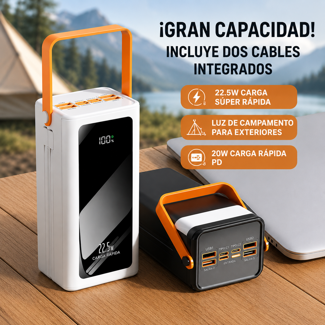 Cargador Portátil Carga Super Rapida 50000mAh Con Luz De Camping Y Carga Rápida 22.5W