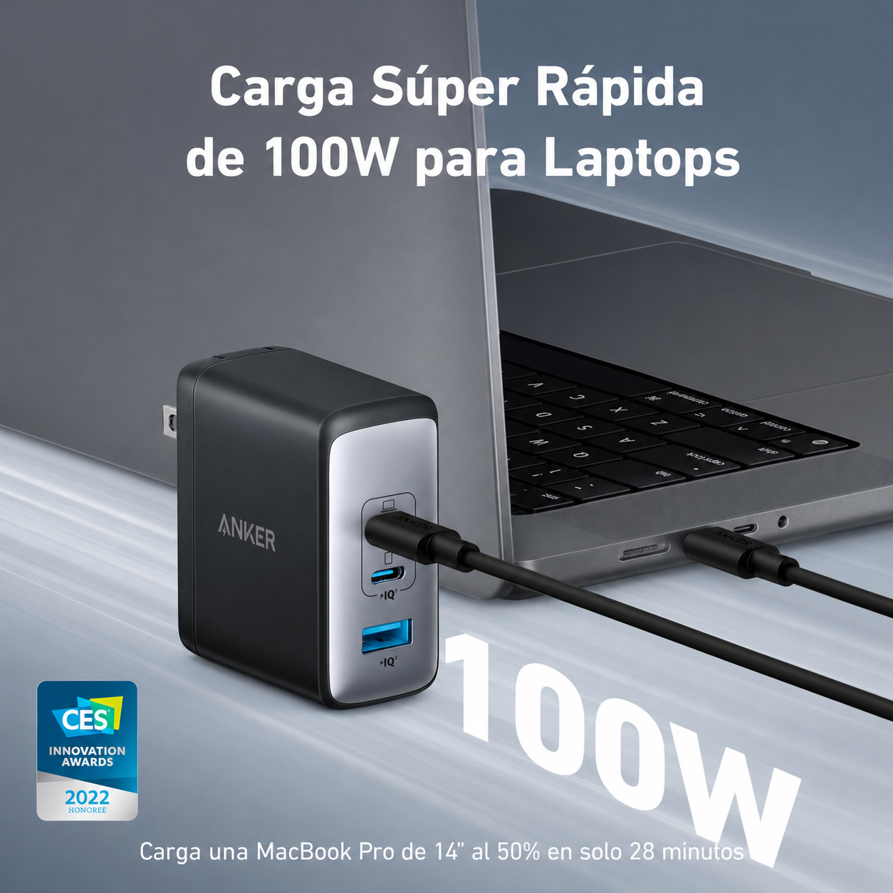 Cargador USB-C Anker Nano 100W – 3 Puertos Con Carga Rápida GaN II Y Cable USB-C