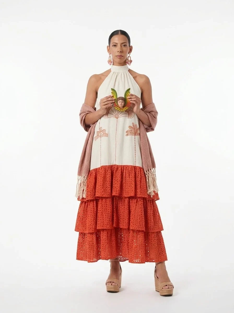 Vestido patrimonio halter terracota