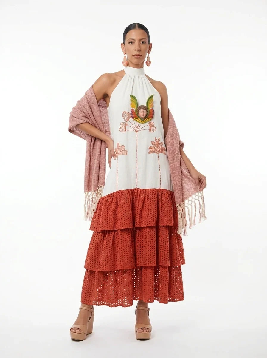 Vestido patrimonio halter terracota