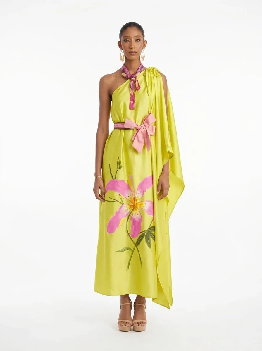 Vestido asimétrico amarillo y toborochi
