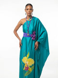 Vestido asimétrico verde esmeralda y orquídea