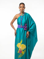 Vestido asimétrico verde esmeralda y orquídea