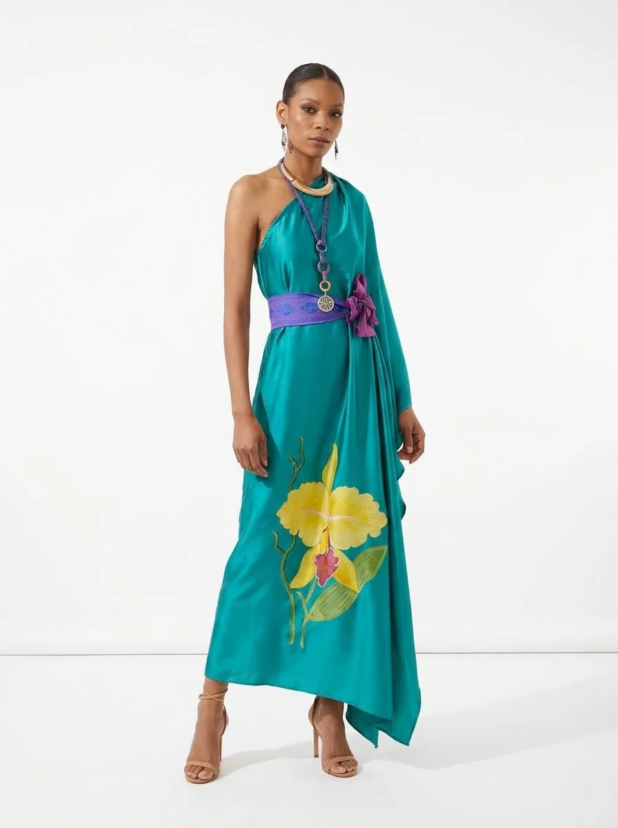 Vestido asimétrico verde esmeralda y orquídea
