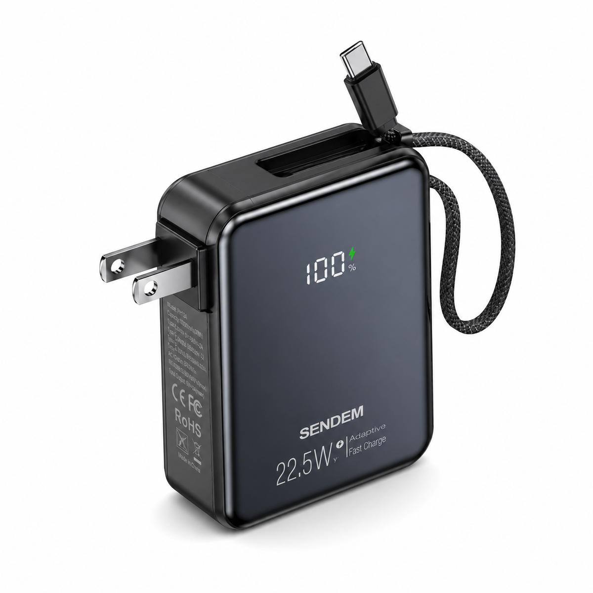 Cargador Portátil Sendem De Carga Rapida y 10,000mAh 22.5W Con Enchufe Integrado y Cable USB-C