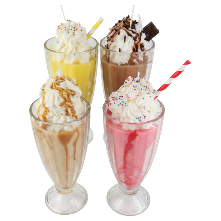 Four Creamy Milkshake candles shown together in glasses, with cream-like swirls and colorful decorations.
