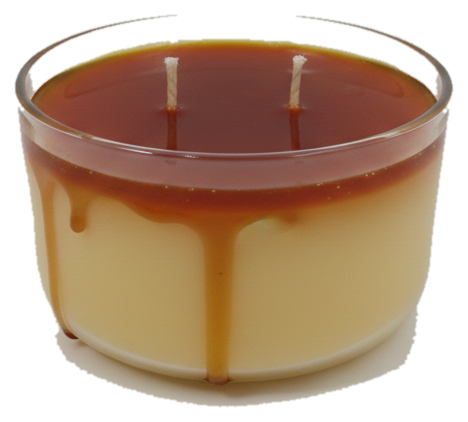 Vela aromática Flan Dominicano en recipiente de vidrio, fondo transparente.