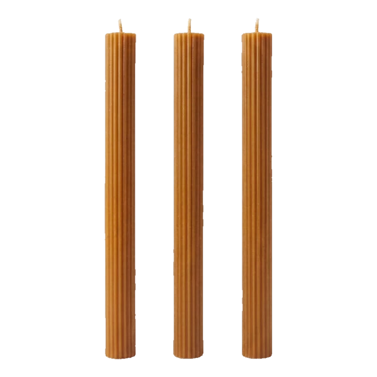 Caramel-colored Linear Elegance candles with straight sides and vertical ribs on a white background.